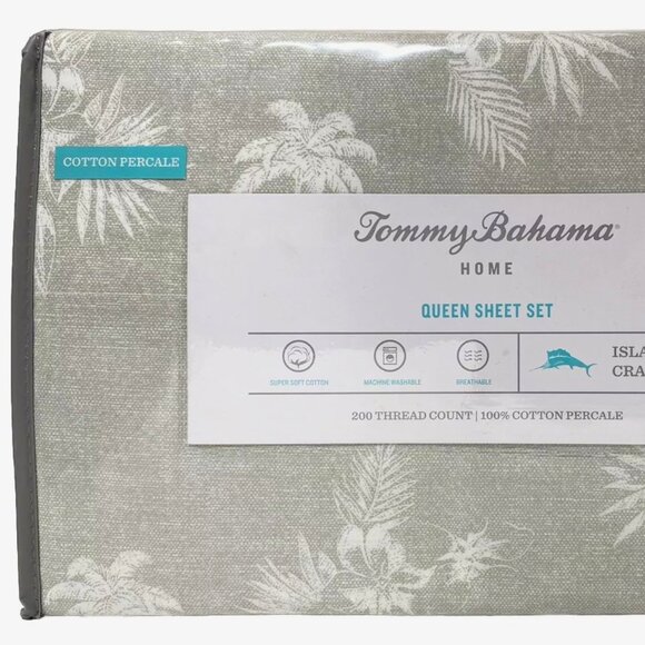 Tommy Bahama La Isla Tropical Bahama Gray & White QUEEN Size Cotton Sheet
